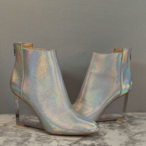 Katy Perry The Mona Booties  Iridescent Platinum Acrylic Heels , Size 6
